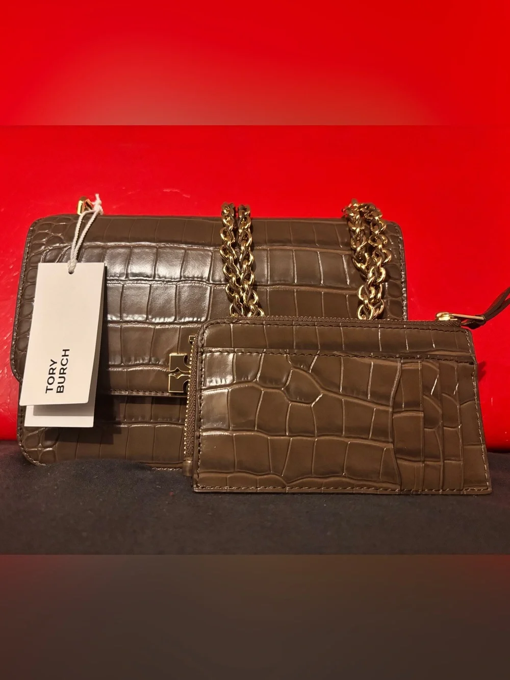 Tory Burch neutral brown Croc-Embossed Chain Shoulder Bag